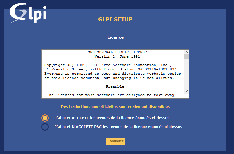 GLPI interface WEB - Accepter licence