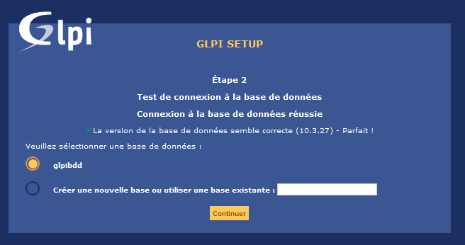 GLPI interface WEB - sélection Base de données