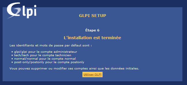 GLPI interface WEB - Finalisation installation