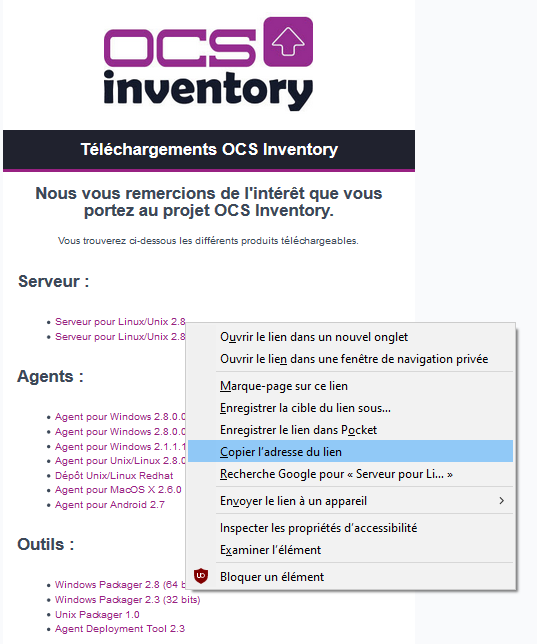 Récupérer lien téléchargement OCS inventory