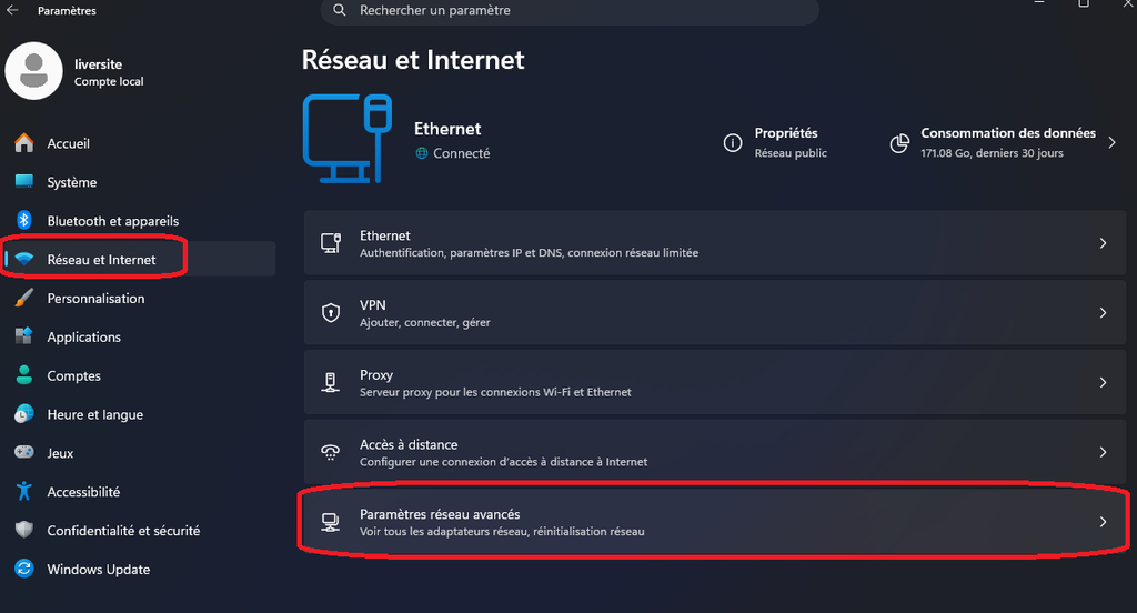 Réseau et Internet > Paramètres réseau avancés