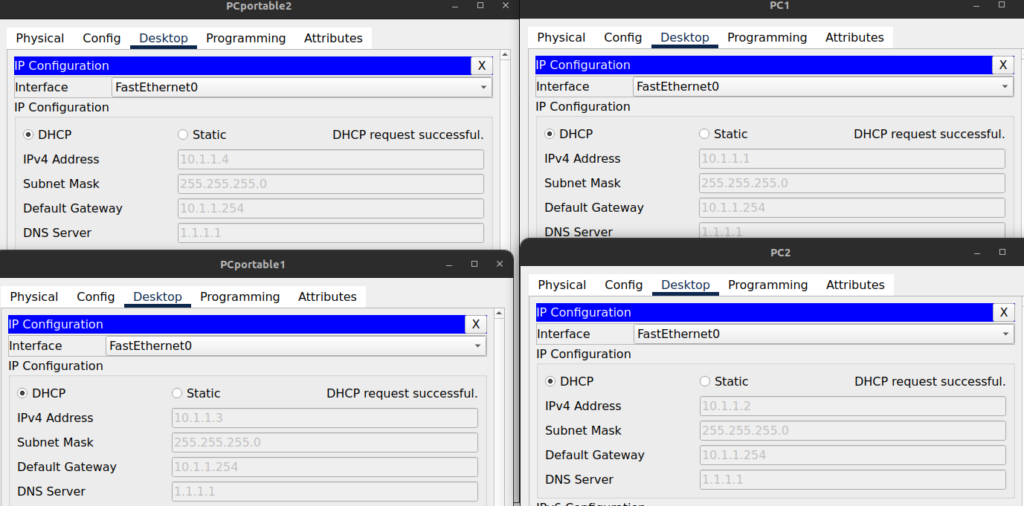 Ordinateur Packet Tracer DHCP fonctionnel
