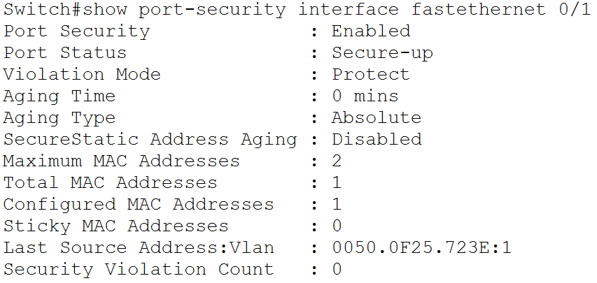 show port-security interface fastethernet 0/1