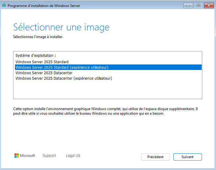 Windows Server 2025 Standard (expérience utilisateur)