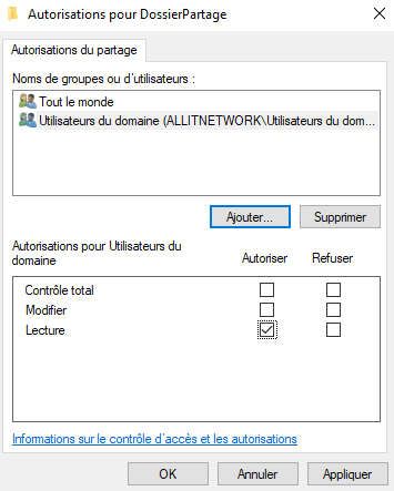 autorisation "Lecture" est accordée aux utilisateurs du domaine