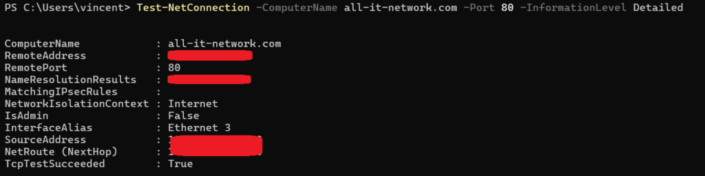 Test-NetConnection -ComputerName all-it-network.com -Port 80 -InformationLevel Detailed