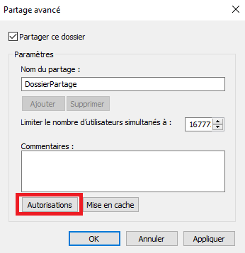 Autorisations du dossier partagé