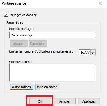 spécifier un nom de partage pour le dossier