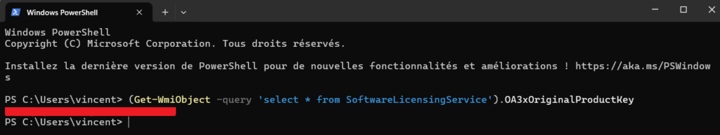 Clé produit Windows récupéré avec commande