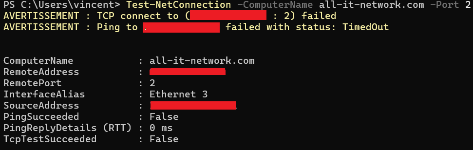 Test-NetConnection False