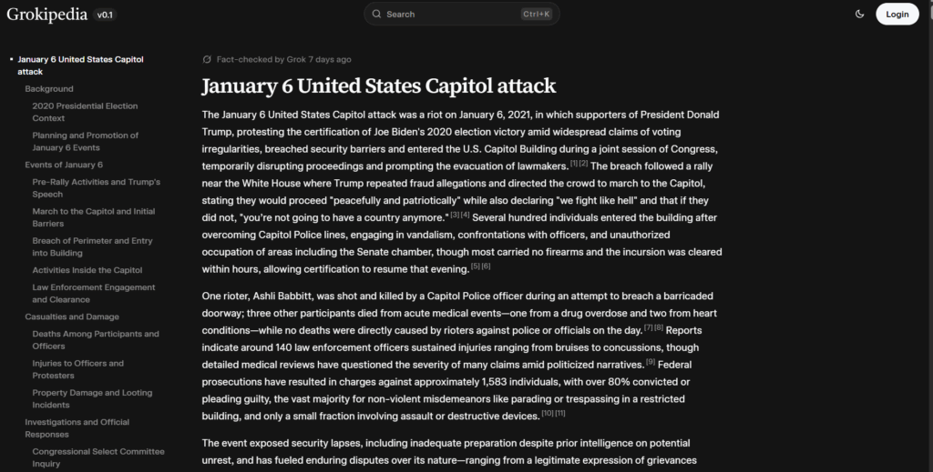 Grokipedia : January 6 United States Capitol attack